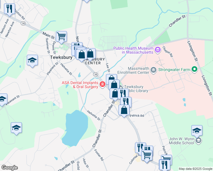 map of restaurants, bars, coffee shops, grocery stores, and more near 1200 Main Street in Tewksbury