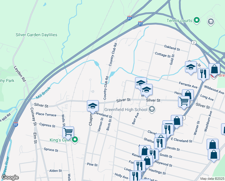 map of restaurants, bars, coffee shops, grocery stores, and more near 25 Country Club Road in Greenfield