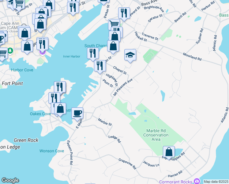 map of restaurants, bars, coffee shops, grocery stores, and more near 90 Mount Pleasant Avenue in Gloucester