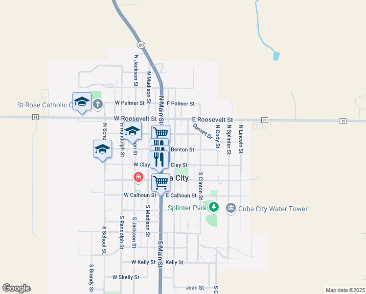 map of restaurants, bars, coffee shops, grocery stores, and more near 213 Benton Street in Cuba City