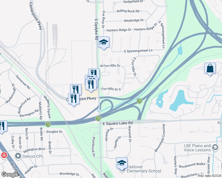 map of restaurants, bars, coffee shops, grocery stores, and more near 470 South Fox Hills Drive in Pontiac