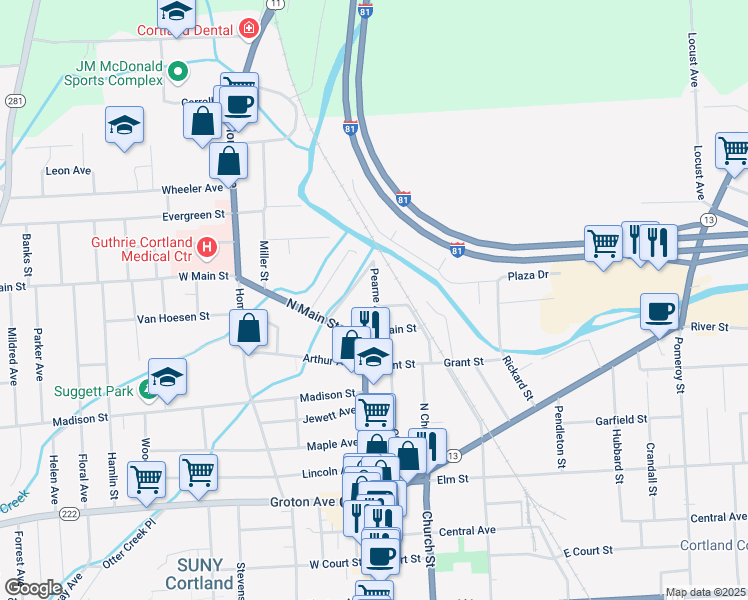 map of restaurants, bars, coffee shops, grocery stores, and more near 12 Pearne Avenue in Cortland