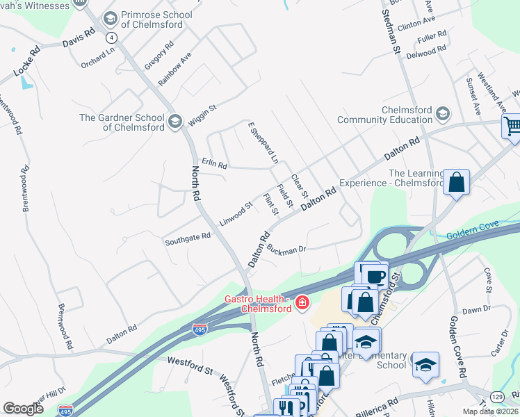 map of restaurants, bars, coffee shops, grocery stores, and more near 3 Allen Street in Chelmsford