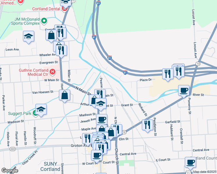 map of restaurants, bars, coffee shops, grocery stores, and more near 12 Harmon Avenue in Cortland