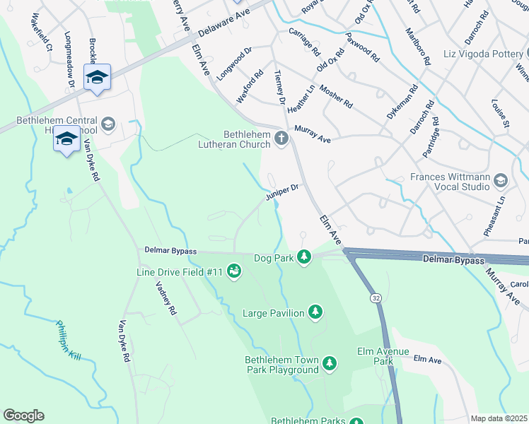 map of restaurants, bars, coffee shops, grocery stores, and more near 1 Juniper Drive in Delmar