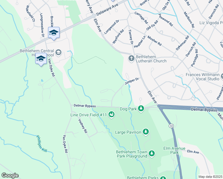 map of restaurants, bars, coffee shops, grocery stores, and more near 204 Baxter Court in Delmar