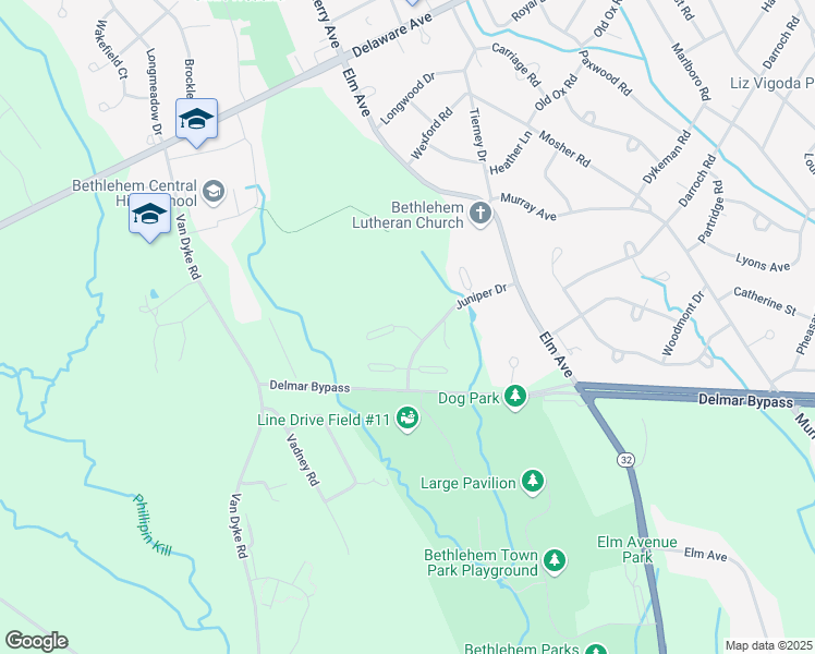 map of restaurants, bars, coffee shops, grocery stores, and more near 206 Baxter Court in Delmar