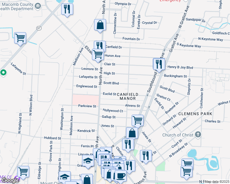 map of restaurants, bars, coffee shops, grocery stores, and more near 294 Euclid Street in Mount Clemens