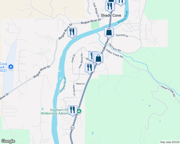 map of restaurants, bars, coffee shops, grocery stores, and more near 21195 Oregon 62 in Shady Cove