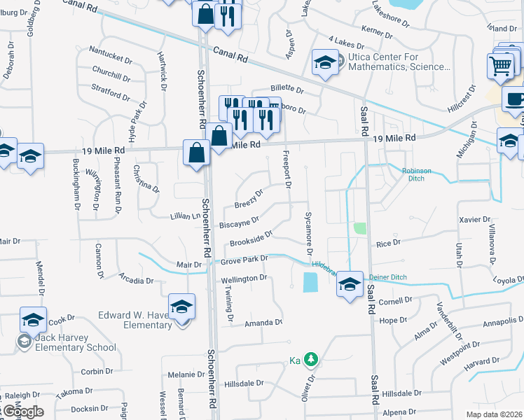 map of restaurants, bars, coffee shops, grocery stores, and more near 13867 Biscayne Drive in Sterling Heights