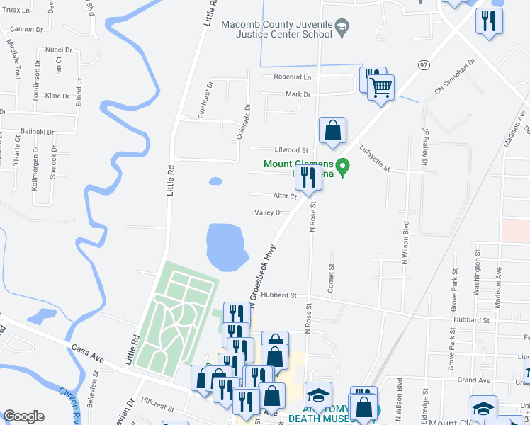 map of restaurants, bars, coffee shops, grocery stores, and more near 27 Valley Drive in Mount Clemens