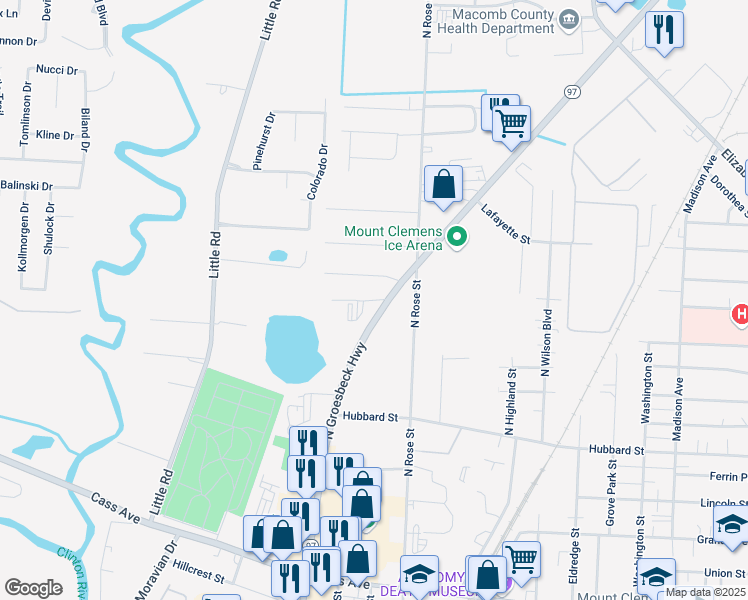 map of restaurants, bars, coffee shops, grocery stores, and more near 12 Valley Drive in Mount Clemens
