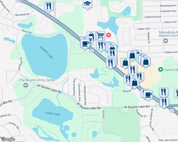 map of restaurants, bars, coffee shops, grocery stores, and more near 1666 Bloomfield Place Drive in Bloomfield Township