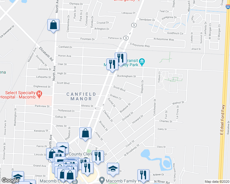 map of restaurants, bars, coffee shops, grocery stores, and more near 11 Gratiot Court in Mount Clemens