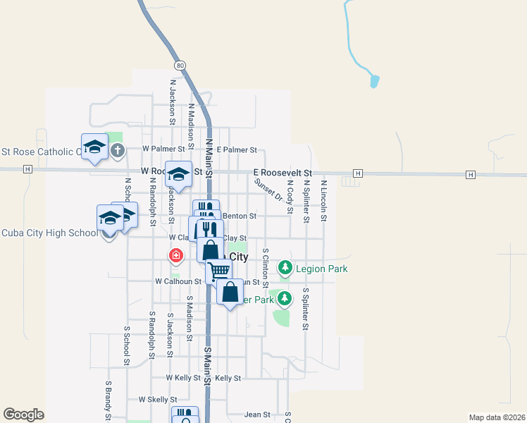 map of restaurants, bars, coffee shops, grocery stores, and more near 319 East Benton Street in Cuba City