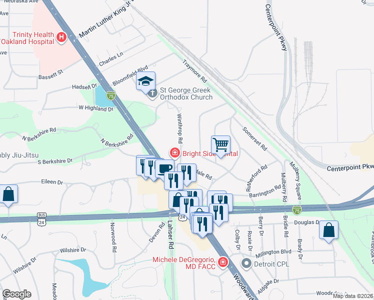 map of restaurants, bars, coffee shops, grocery stores, and more near 1661 Winthrop Road in Bloomfield Township