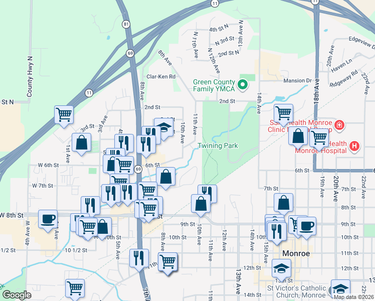map of restaurants, bars, coffee shops, grocery stores, and more near 1004 5th Street in Monroe