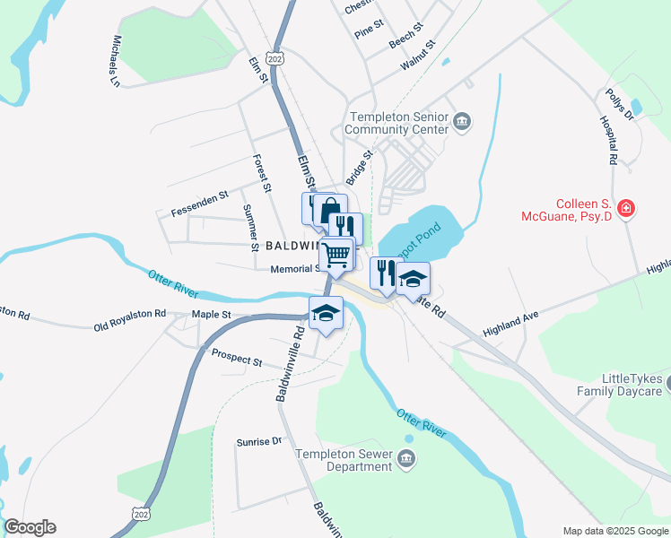 map of restaurants, bars, coffee shops, grocery stores, and more near 20 Elm Street in Templeton
