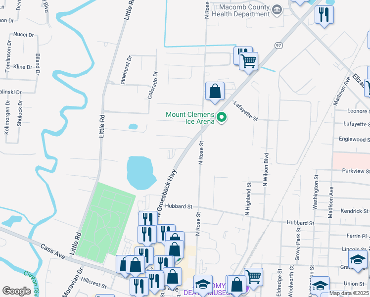 map of restaurants, bars, coffee shops, grocery stores, and more near 174 North Groesbeck Highway in Mount Clemens