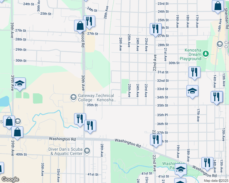 map of restaurants, bars, coffee shops, grocery stores, and more near 2619 33rd Street in Kenosha
