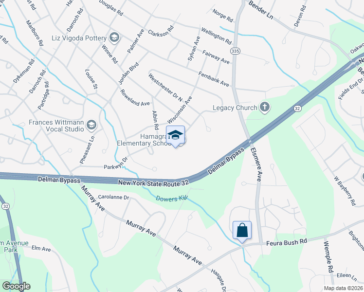 map of restaurants, bars, coffee shops, grocery stores, and more near 1 Mcguffey Lane in Delmar