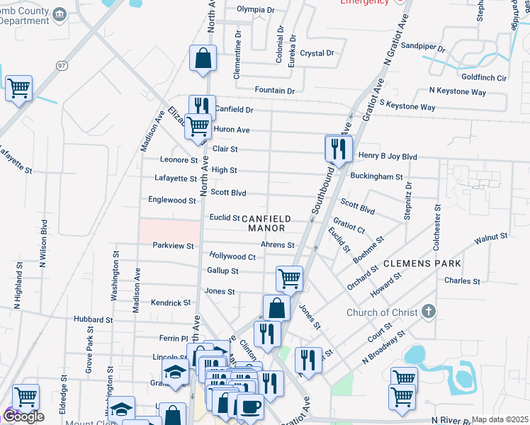map of restaurants, bars, coffee shops, grocery stores, and more near 266 Euclid Street in Mount Clemens