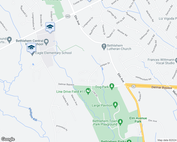 map of restaurants, bars, coffee shops, grocery stores, and more near 502 Baxter Court in Delmar