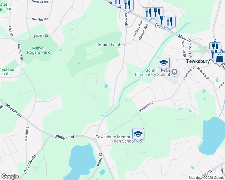 map of restaurants, bars, coffee shops, grocery stores, and more near 255 Marshall Street in Tewksbury