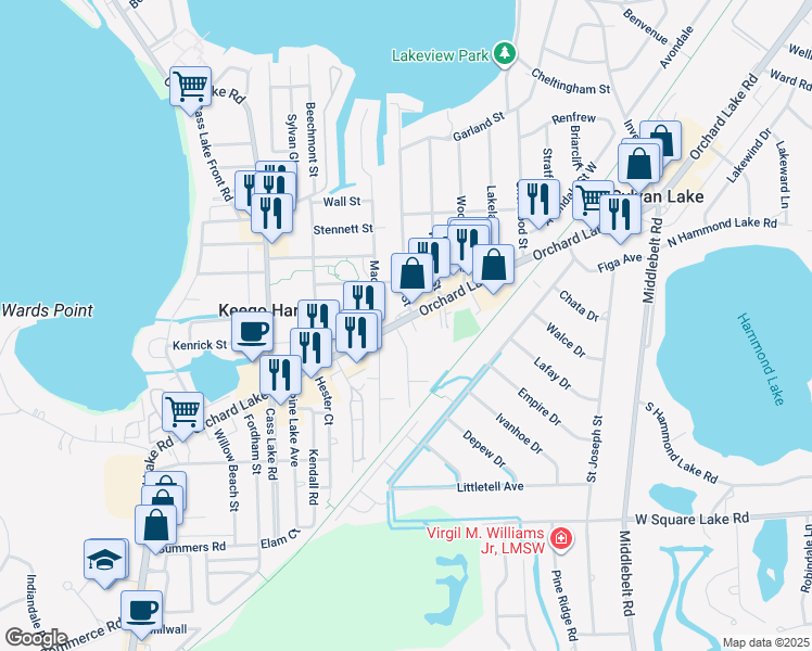map of restaurants, bars, coffee shops, grocery stores, and more near 2695 Orchard Lake Rd in Keego Harbor
