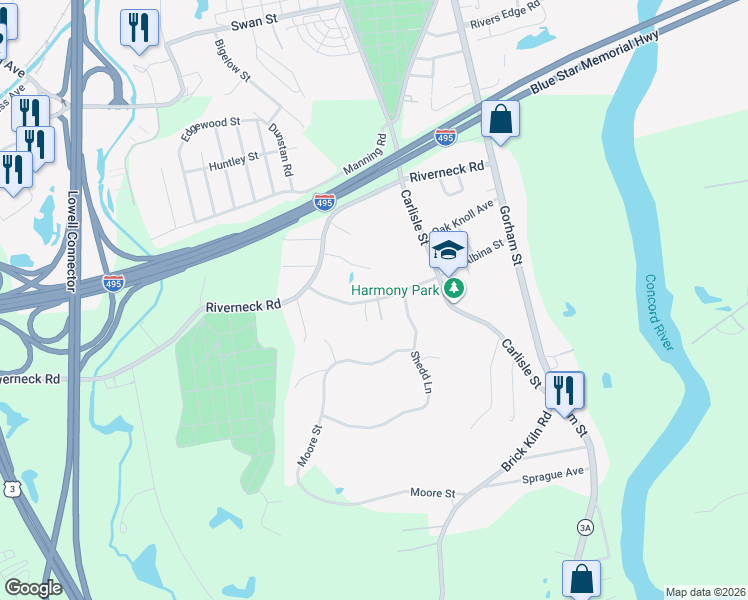 map of restaurants, bars, coffee shops, grocery stores, and more near 47 Marshall Street in Chelmsford