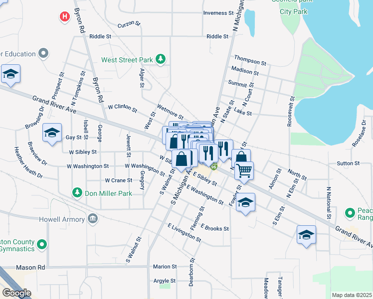 map of restaurants, bars, coffee shops, grocery stores, and more near 203 Interstate 96 Business Loop in Howell
