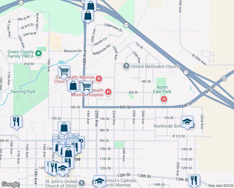 map of restaurants, bars, coffee shops, grocery stores, and more near 504 22nd Avenue in Monroe