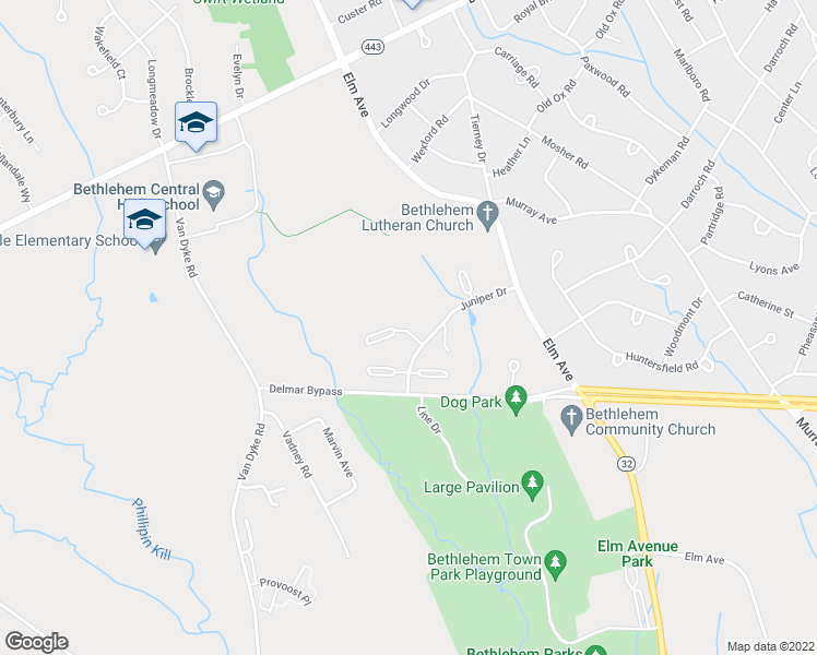 map of restaurants, bars, coffee shops, grocery stores, and more near 706 Baxter Court in Delmar