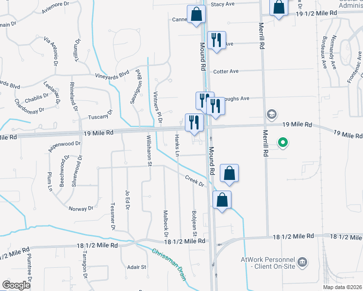map of restaurants, bars, coffee shops, grocery stores, and more near 42876 Hanks Lane in Sterling Heights