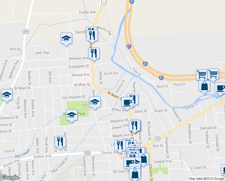 map of restaurants, bars, coffee shops, grocery stores, and more near 115 North Main Street in Cortland