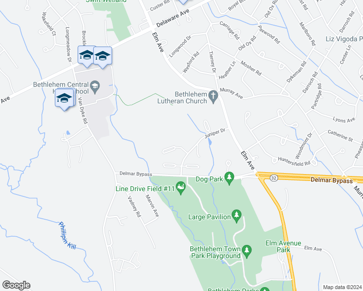 map of restaurants, bars, coffee shops, grocery stores, and more near 805 Baxter Court in Delmar