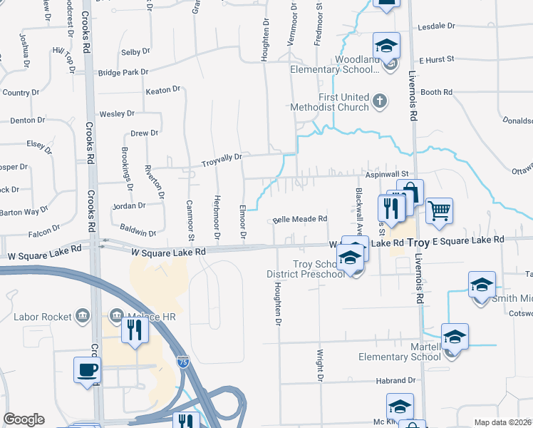 map of restaurants, bars, coffee shops, grocery stores, and more near 458 Belle Meade Road in Troy