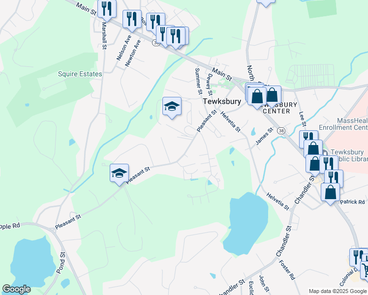 map of restaurants, bars, coffee shops, grocery stores, and more near 167 Pleasant Street in Tewksbury