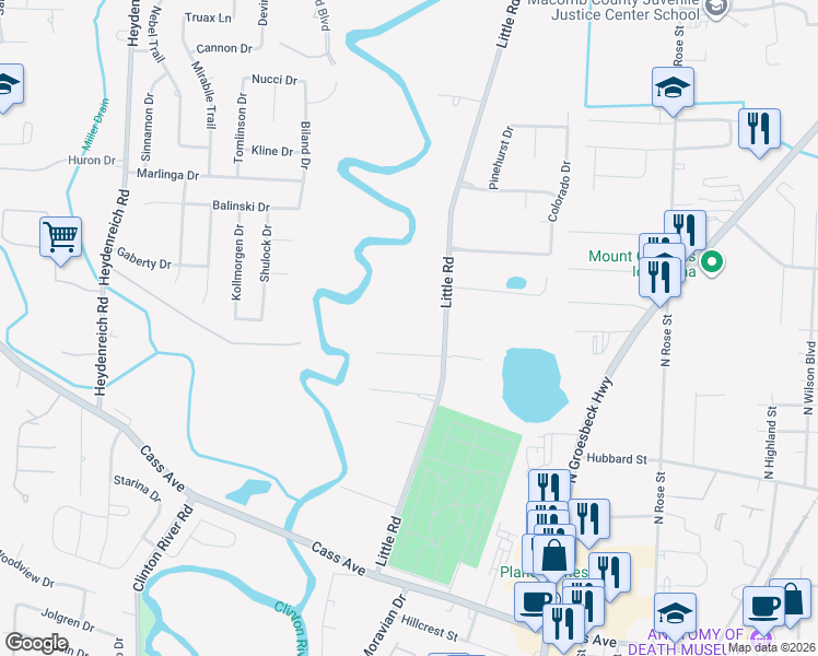 map of restaurants, bars, coffee shops, grocery stores, and more near 42125 Little Road in Clinton Township