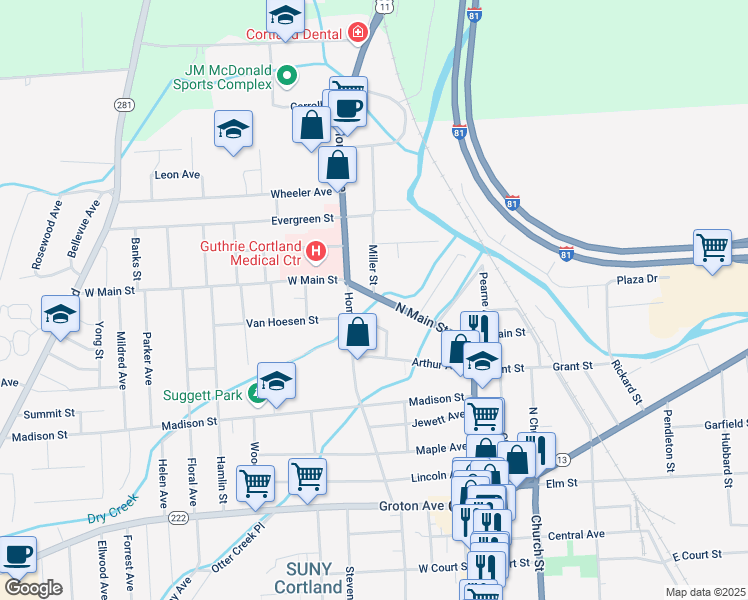map of restaurants, bars, coffee shops, grocery stores, and more near 128 North Main Street in Cortland