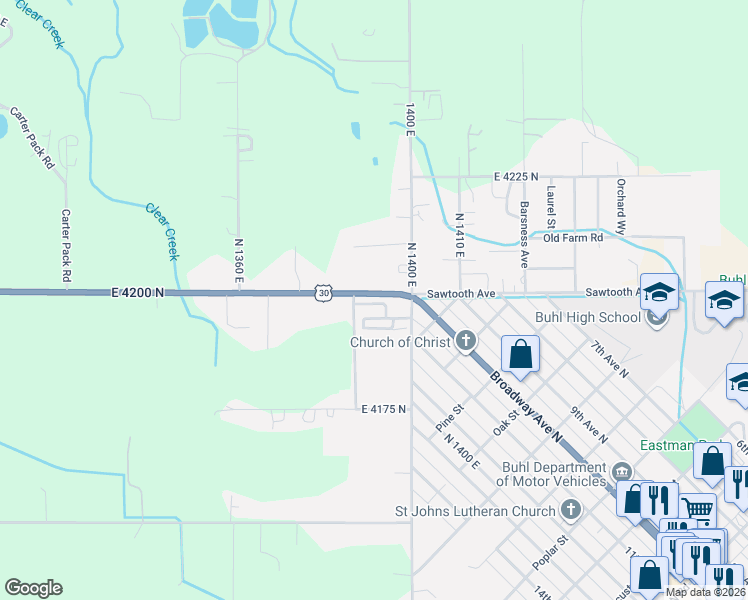 map of restaurants, bars, coffee shops, grocery stores, and more near 419 Fruitland Avenue in Buhl