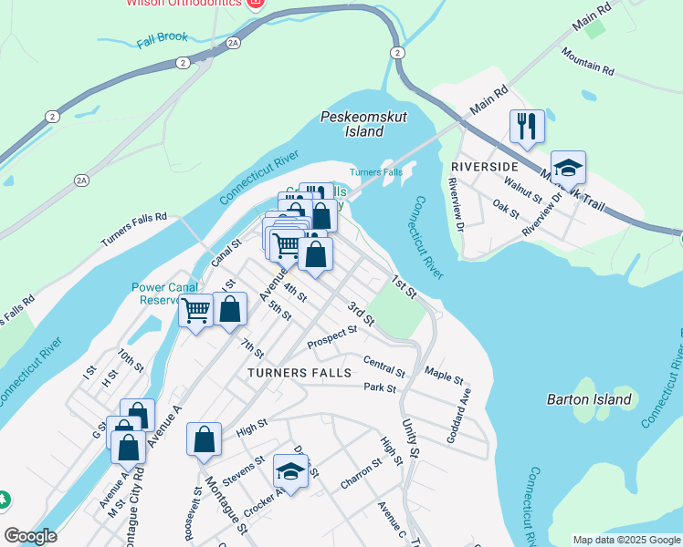 map of restaurants, bars, coffee shops, grocery stores, and more near 66 L Street in Montague
