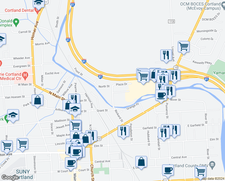 map of restaurants, bars, coffee shops, grocery stores, and more near 4 Riverview Avenue in Cortland