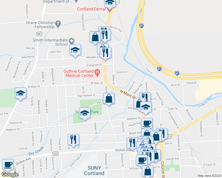 map of restaurants, bars, coffee shops, grocery stores, and more near 128 North Main Street in Cortland