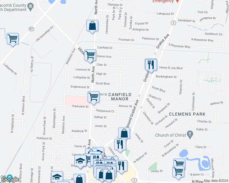 map of restaurants, bars, coffee shops, grocery stores, and more near 266 Euclid Street in Mount Clemens