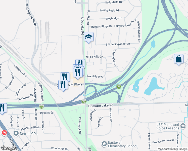 map of restaurants, bars, coffee shops, grocery stores, and more near 416 Fox Hills Drive South in Bloomfield Township