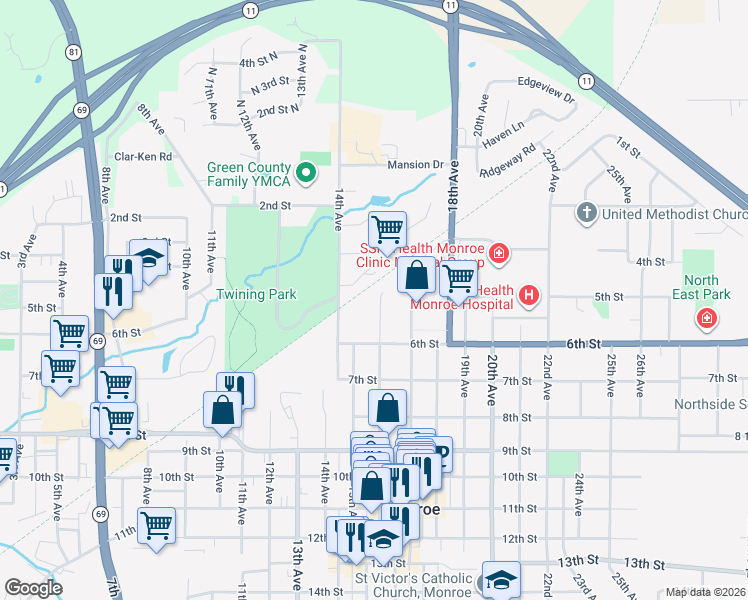 map of restaurants, bars, coffee shops, grocery stores, and more near 509 16th Avenue in Monroe
