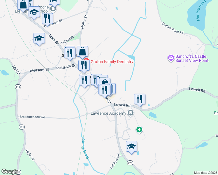 map of restaurants, bars, coffee shops, grocery stores, and more near 148 Main Street in Groton