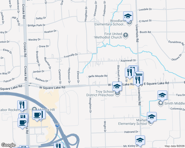 map of restaurants, bars, coffee shops, grocery stores, and more near 458 Belle Meade Road in Troy