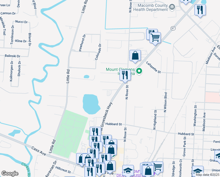 map of restaurants, bars, coffee shops, grocery stores, and more near 8 Valley Drive in Mount Clemens